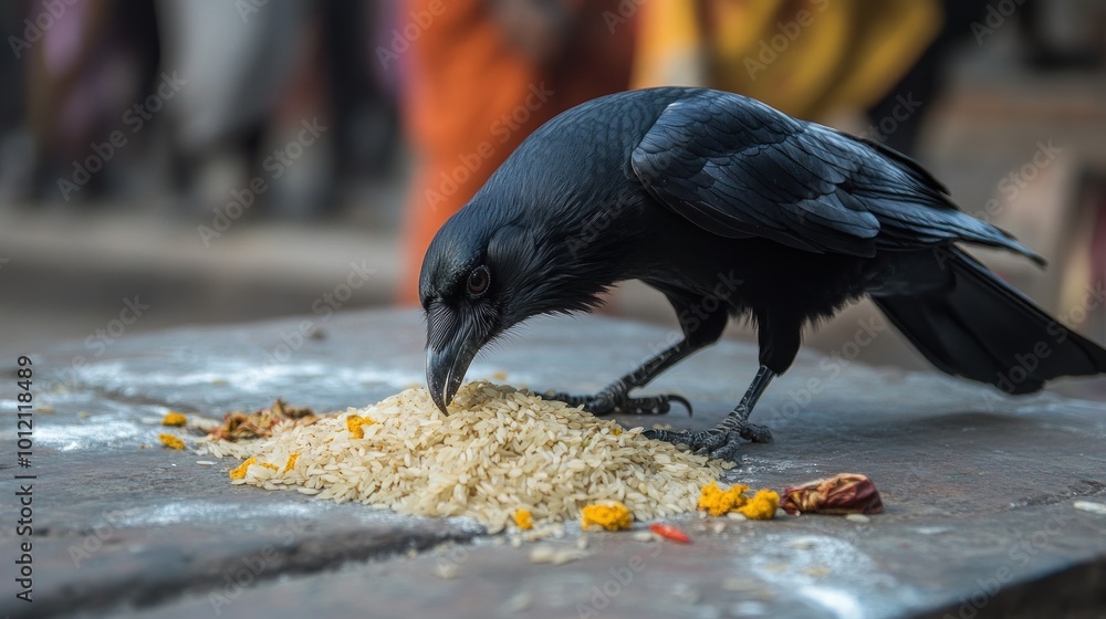 Fototapeta premium A crow feeding on grains scattered on a wooden surface in a bustling environment.