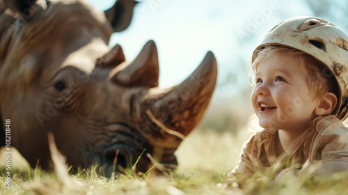 A smiling toddler wearing a helmet encounters a lifelike rhino in a sunny field, capturing a moment of wonder and curiosity in a natural setting. photo