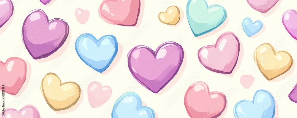 A cute, whimsical pattern of pastelcolored hearts in various sizes A cute, whimsical pattern of pastelcolored hearts in various sizes