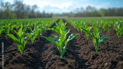 Close-up view of rows of young green plants growing in a field.