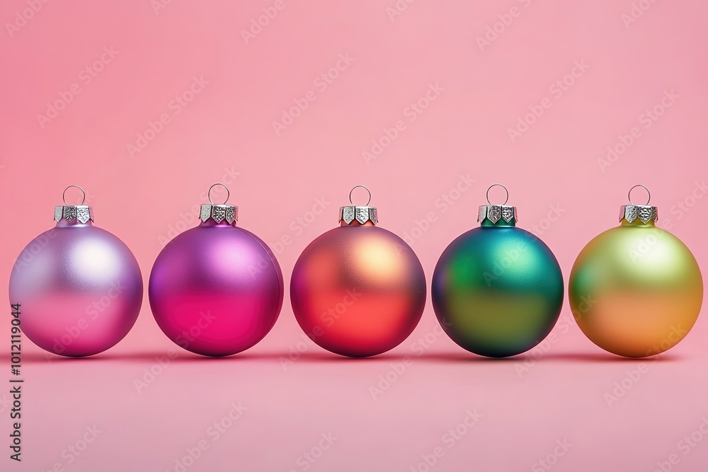 Colorful Christmas baubles lined up on pink Colorful Christmas baubles lined up on pink