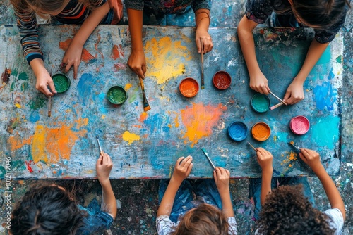 Top view of childrens drawings on table in art class with group of people painting and teachers hands, Generative AI