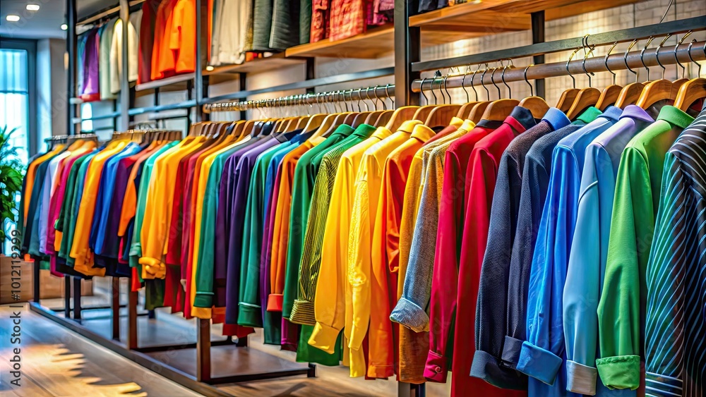 Diverse Array of Stylish Clothing Brands Displayed on Hangers in a Bright Retail Environment Diverse Array of Stylish Clothing Brands Displayed on Hangers in a Bright Retail Environment