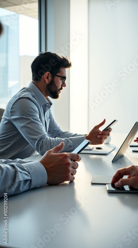 Team business meeting presentation hand businessman working project in modern officelaptop computer and tablet and smart phone on white desk in morning light managing risk photo