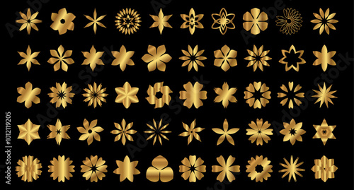 Gold Flower Set with Simple Nice Flowers Silhouette Elements