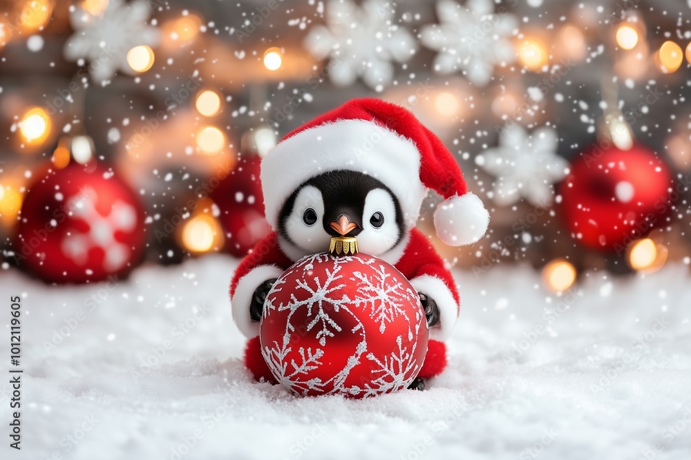 Adorable baby penguin dressed in a festive red Santa hat and matching red scarf, holding a large red Christmas ornament decorated with silver snowflakes. Adorable baby penguin dressed in a festive red Santa hat and matching red scarf, holding a large red Christmas ornament decorated with silver snowflakes.