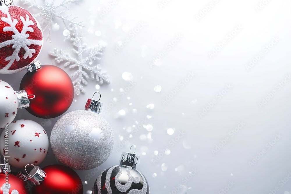 Red and silver Christmas baubles with snowflakes Red and silver Christmas baubles with snowflakes
