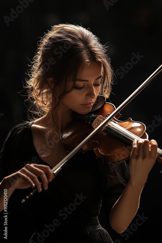 Vertical shot of professional female violinist in elegant black dress playing classical music in dark studio with top light, Generative AI