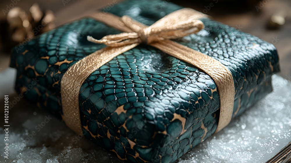 Beautifully wrapped gift box covered in a shiny green snakeskin texture and tied with a gold ribbon, placed on snowy surface with bokeh lighting in the background, new year, christmas present, luxury Beautifully wrapped gift box covered in a shiny green snakeskin texture and tied with a gold ribbon, placed on snowy surface with bokeh lighting in the background, new year, christmas present, luxury