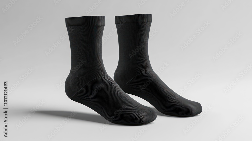 A pair of black socks displayed on a neutral background. A pair of black socks displayed on a neutral background.