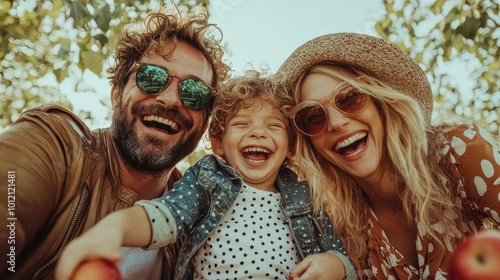 A family of three, smiling and laughing together while spending a sunny day outdoors, capturing a moment of pure joy and happiness amidst lush greenery and warmth.