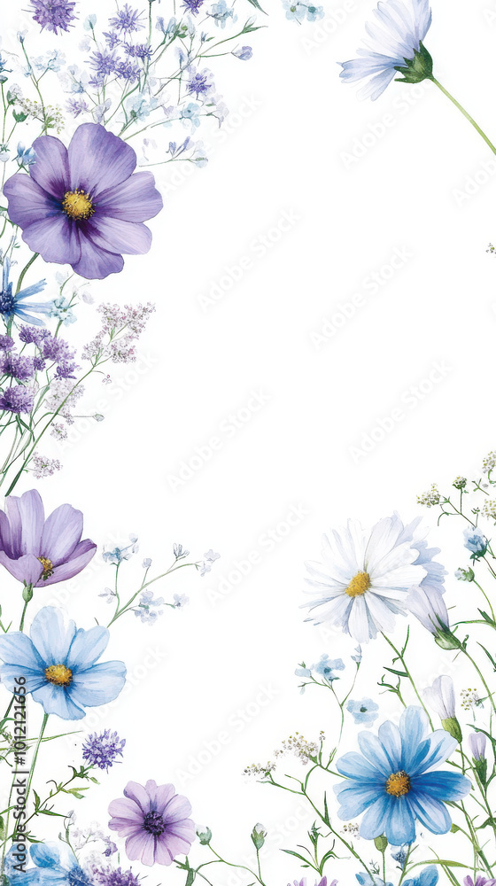 Floral border with purple and blue flowers on white background, elegant design for invitations or cards Floral border with purple and blue flowers on white background, elegant design for invitations or cards