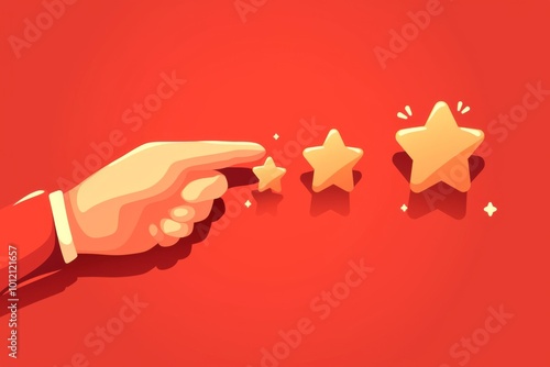 Hand Pointing to   Stars on Red Background: Flat Design Illustration of Customer Review  Feedback for Quality Service Experience

 photo