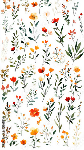A vibrant collection of floral patterns on a white background, featuring various colorful flowers and leaves in a seamless design