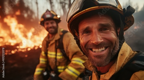 Two dedicated and resilient firefighters are captured in the midst of a dramatic operation, courageously facing the challenges of a raging and dangerous wildfire. photo