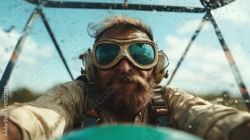 A rugged bearded pilot, wearing vintage goggles and headphones, confidently flies a small aircraft, capturing a sense of adventure and freedom in the open skies. photo