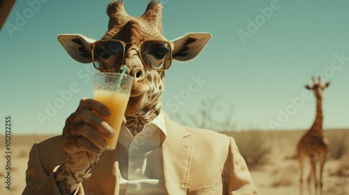 A giraffe in a fashionable tan suit and reflecting sunglasses serenely enjoys a drink in a desert setting, artfully merging style, relaxation, and whimsical charm outdoors. photo