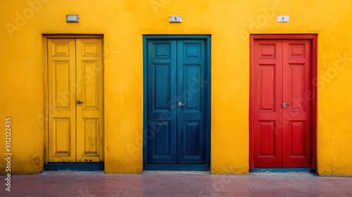 A vibrant wall featuring three colorful doors yellow  teal  and red.