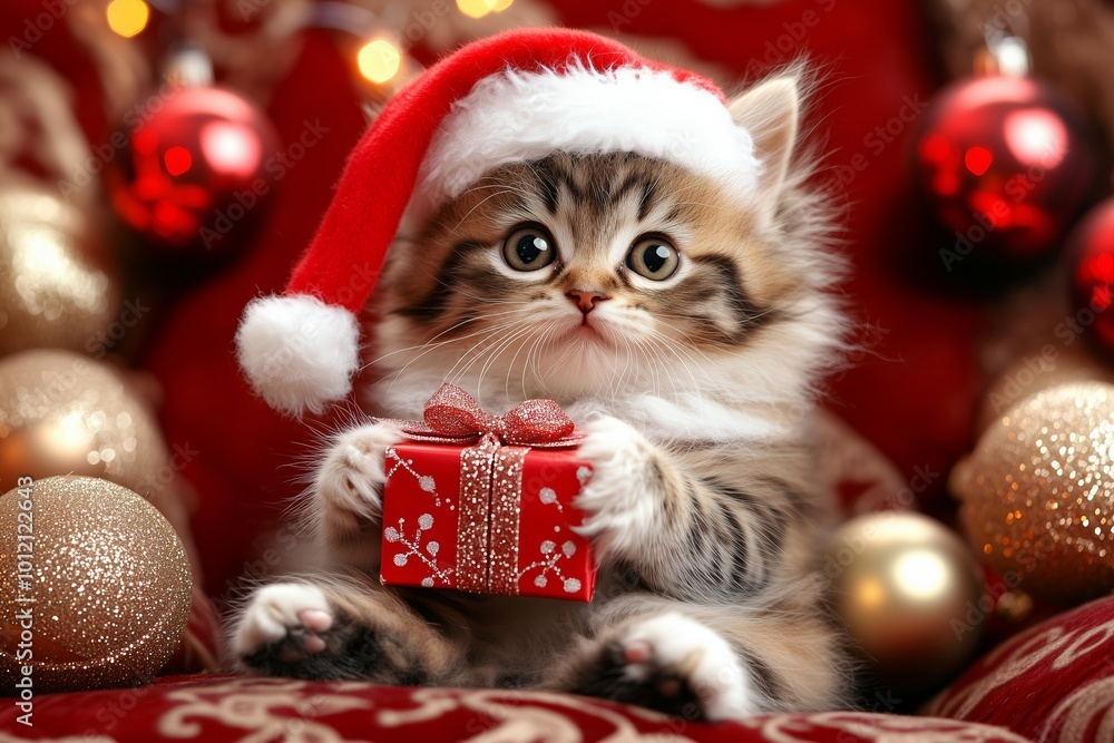 A fluffy kitten wearing a red Santa hat sits on a festive armchair, holding a beautifully wrapped red gift box with a gold ribbon A fluffy kitten wearing a red Santa hat sits on a festive armchair, holding a beautifully wrapped red gift box with a gold ribbon