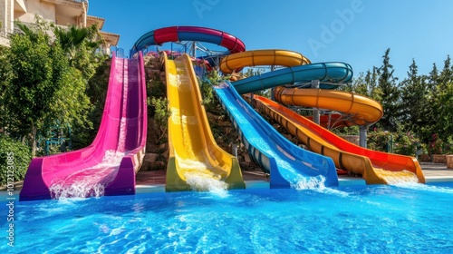 Colorful water slides at a pool, offering fun and recreation under a clear blue sky.