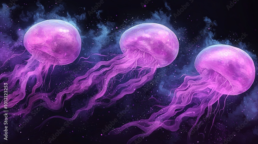 A mesmerizing image of three luminous jellyfish gracefully drifting through a dark, mystical ocean space, evoking a sense of wonder and tranquility. A mesmerizing image of three luminous jellyfish gracefully drifting through a dark, mystical ocean space, evoking a sense of wonder and tranquility.