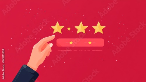 Hand Pointing to   Stars on Red Background: Flat Design Illustration of Customer Review  Feedback for Quality Service Experience

 photo