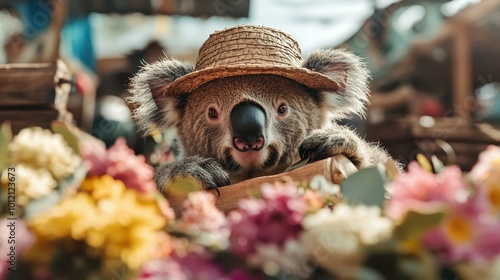 A koala exploring a lively market, surrounded by vivid floral arrangements, capturing the essence of natural beauty and curiosity in a charming setting. photo