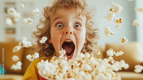 A child wide-eyed with excitement is in awe as popcorn flies explosively around, capturing the unbridled joy and thrill of playful and spontaneous moments. photo