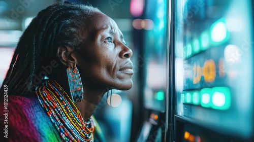 A woman with beaded earrings is deeply absorbed in the vibrant neon lighting of a modern setting, symbolizing introspection and urban life's dynamic energy.