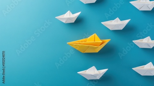Free Download A vibrant scene with a yellow origami boat surrounded by white boats on a blue background. - GFXLoad
