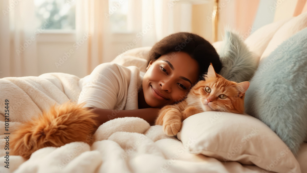 Dark skinned woman with red cat in bed Dark skinned woman with red cat in bed