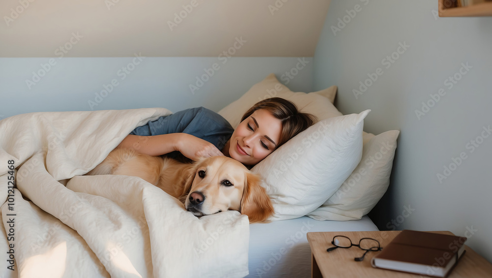 Happy waking up with a dog in bed Happy waking up with a dog in bed