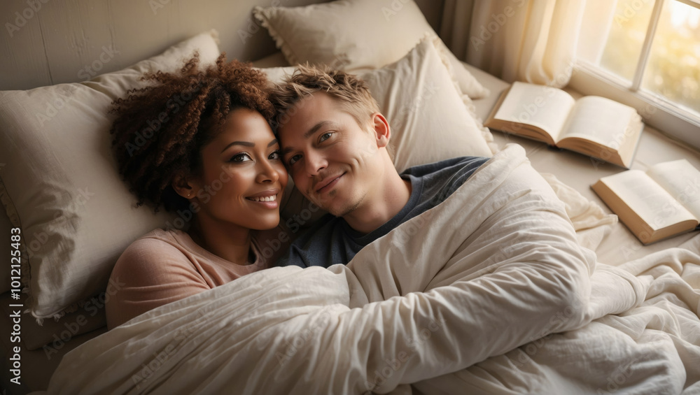 Happy young family in bed in the morning. Happy young family in bed in the morning.