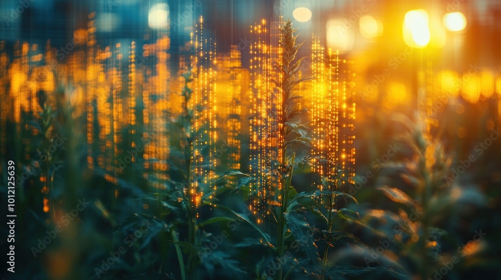 A field of glowing plants with a blurred city background. A field of glowing plants with a blurred city background.