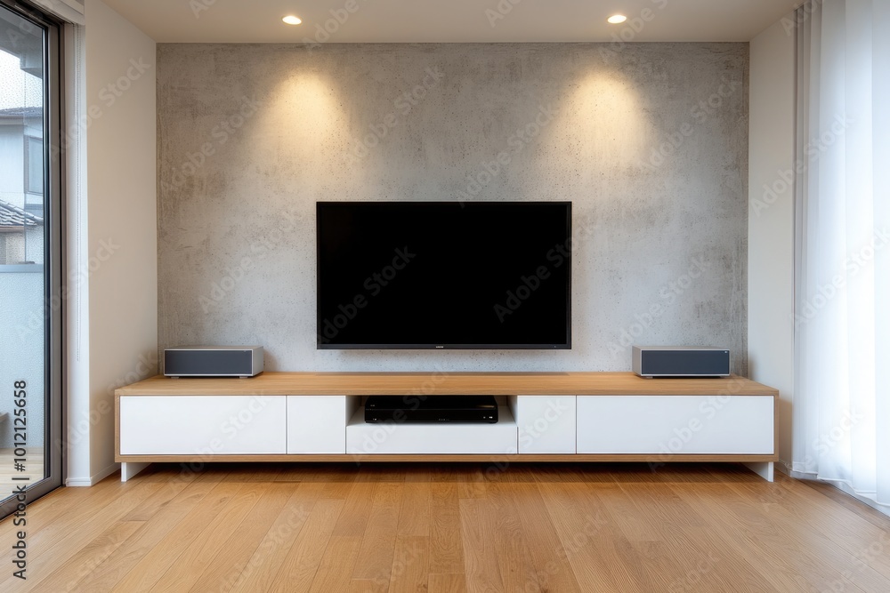 Modern Living Room Interior with Minimalist TV Cabinet in White and Wood Modern Living Room Interior with Minimalist TV Cabinet in White and Wood