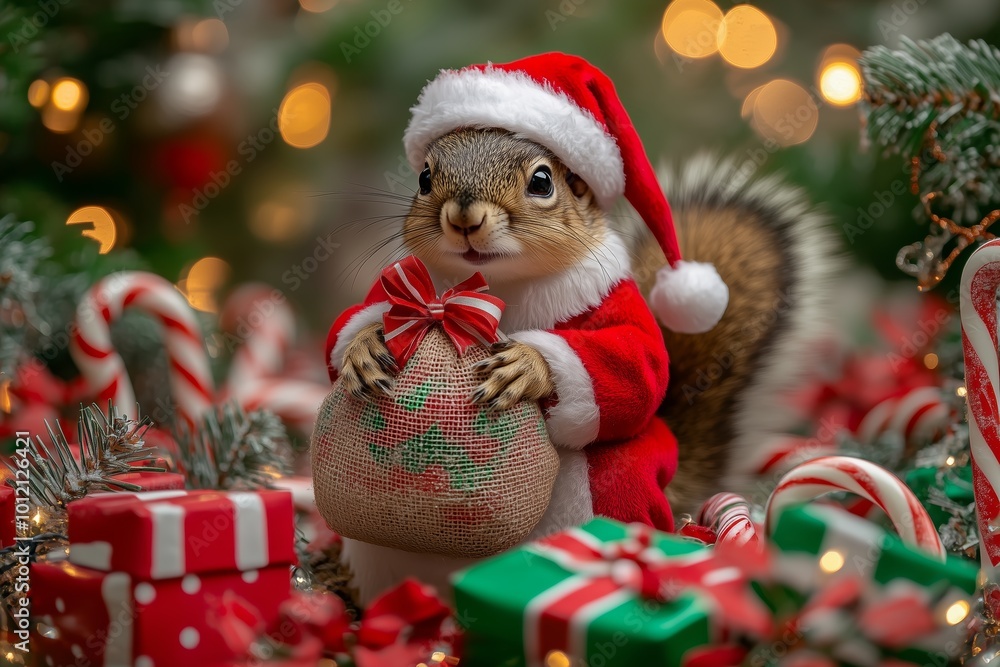 A cute squirrel dressed in a Santa outfit, holding a Christmas gift in a festive holiday setting. A cute squirrel dressed in a Santa outfit, holding a Christmas gift in a festive holiday setting.