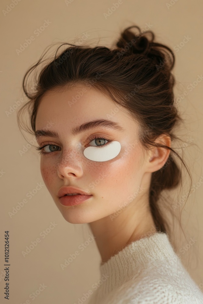 Naklejka premium Minimal half portrait of youthful girl wearing moisturizing eye patch looking at camera on beige background copy space, Generative AI
