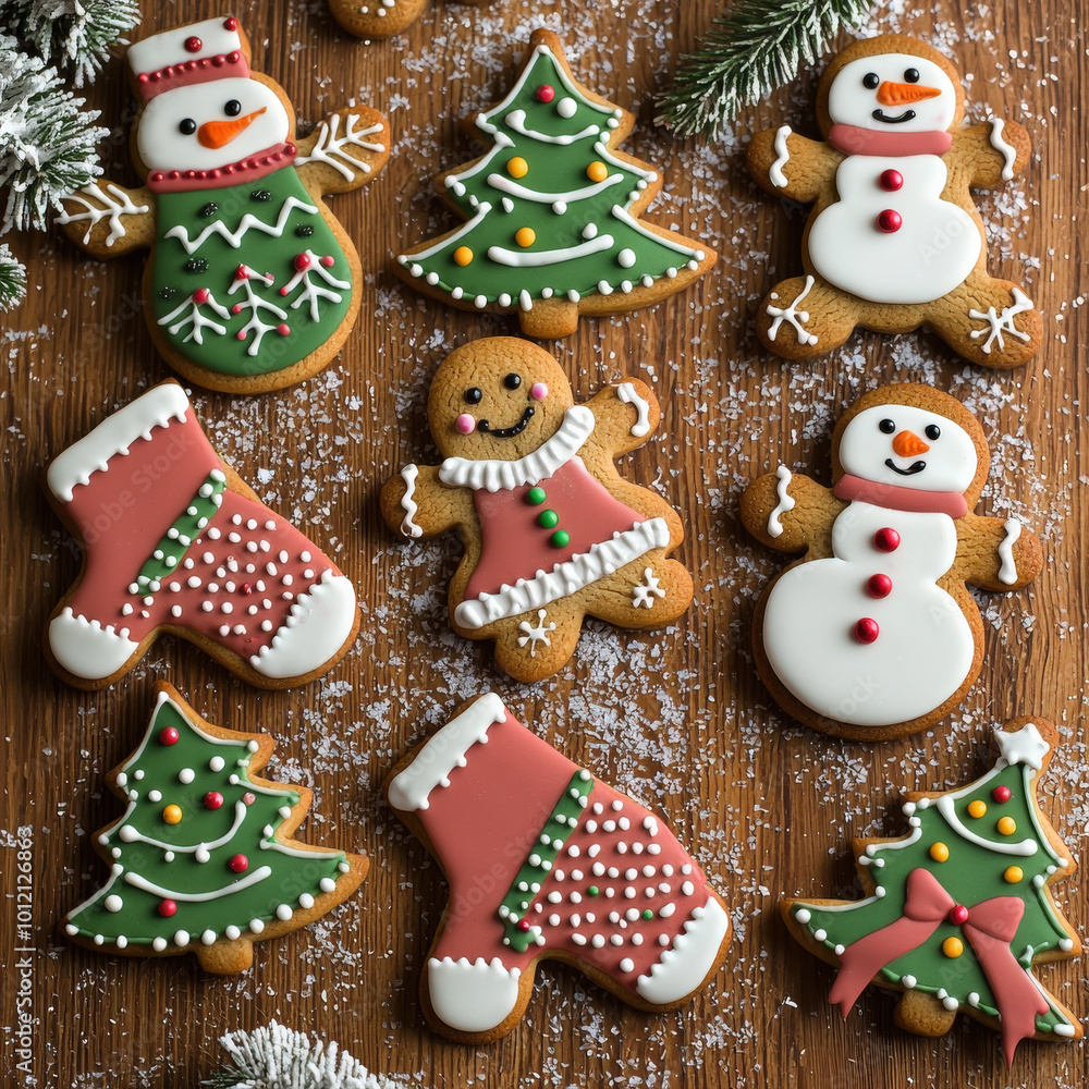 Galletas de navidad de jengibre con formas de muñecos de nieve, pinos decorados con elementos navideños y guantes de Papá Noel, sobre superficie de madera con hojas de pino y azúcar Galletas de navidad de jengibre con formas de muñecos de nieve, pinos decorados con elementos navideños y guantes de Papá Noel, sobre superficie de madera con hojas de pino y azúcar