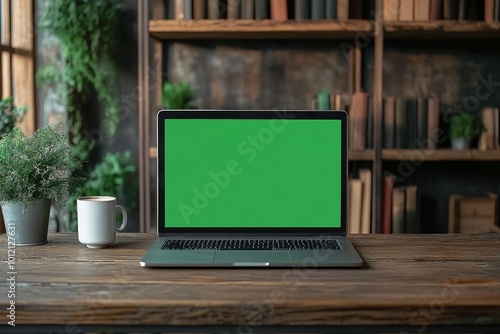 Laptop with green screen on wooden desk in rustic office background, showing desktop setup with white mug and storage shelves filled with books, Generative AI