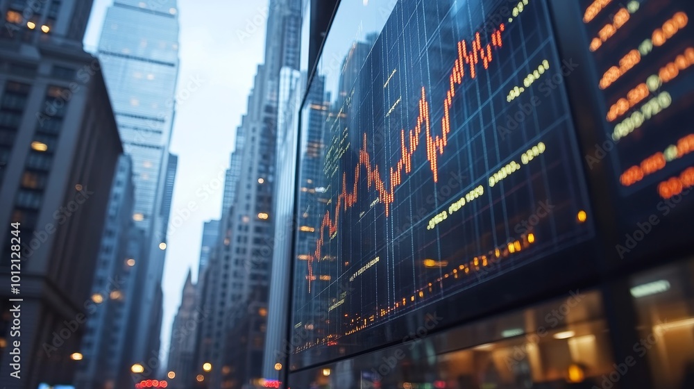 Fototapeta premium Forex graph changes, candlesticks and lines with bars. New York skyscrapers, Generative AI