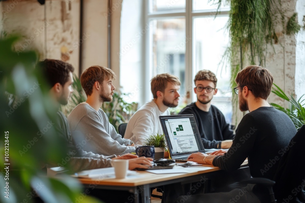 Group of programmers working in team with new project at table behind the window at office, Generative AI Group of programmers working in team with new project at table behind the window at office, Generative AI