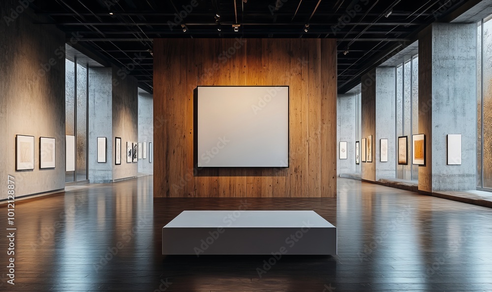 Modern art gallery with blank framed posters on wooden walls and large white canvas in the center, dark ceiling, spacious interior, concept of contemporary exhibition. Generative AI Modern art gallery with blank framed posters on wooden walls and large white canvas in the center, dark ceiling, spacious interior, concept of contemporary exhibition. Generative AI