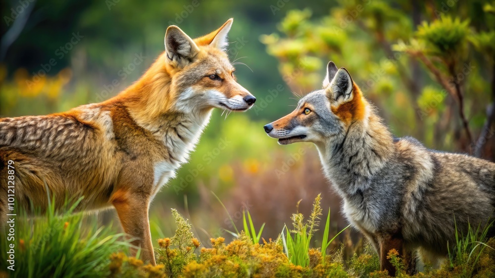 Fototapeta premium Dramatic Encounter Between a Fox and Coyote in a Natural Habitat Showcasing Wildlife Dynamics
