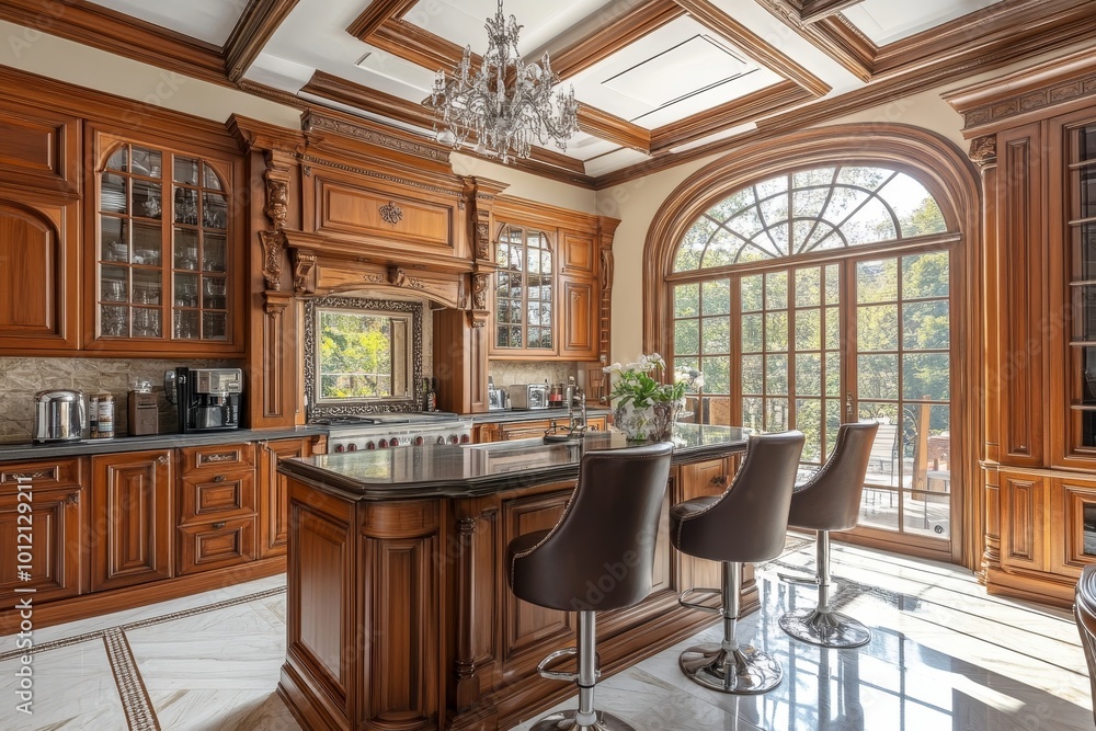 Classical home kitchen interior with bar counter and cabinet, panoramic window, Generative AI Classical home kitchen interior with bar counter and cabinet, panoramic window, Generative AI