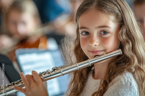 Schoolgirl sitting in front of sheet music and learning to play flute in music class, Generative AI