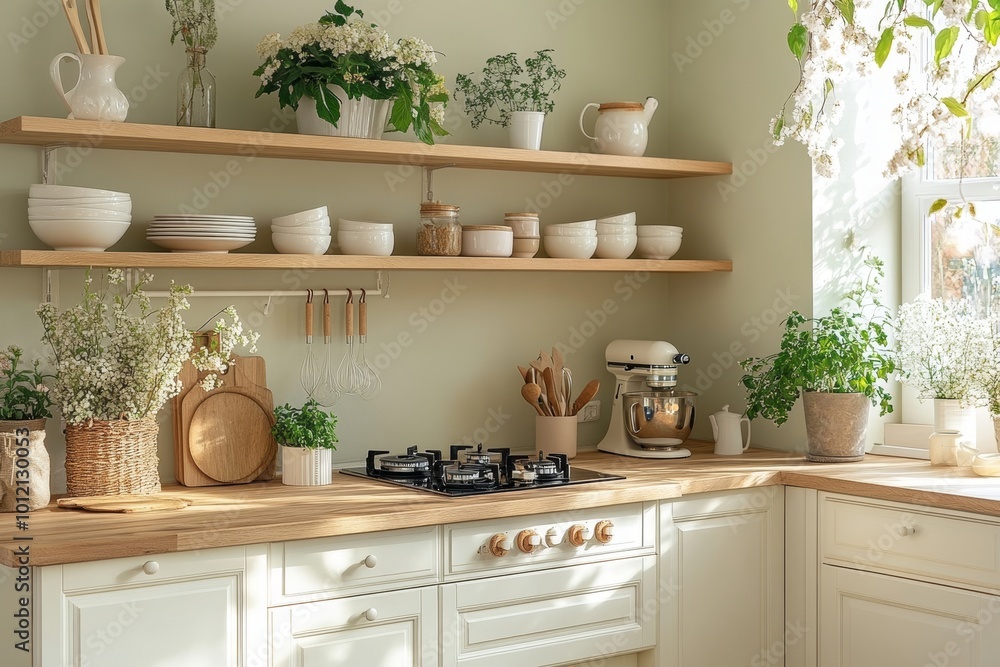Stylish home kitchen interior with washbasin and stove, minimalist shelves, Generative AI Stylish home kitchen interior with washbasin and stove, minimalist shelves, Generative AI