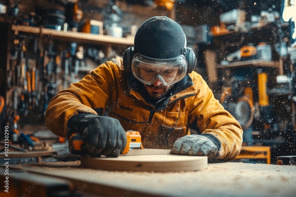 Person seen concentrating on sanding wood piece with sander machine in workshop filled with various tools and gadgets surrounding. Wearing protective gear and focused on, Generative AI Person seen concentrating on sanding wood piece with sander machine in workshop filled with various tools and gadgets surrounding. Wearing protective gear and focused on, Generative AI