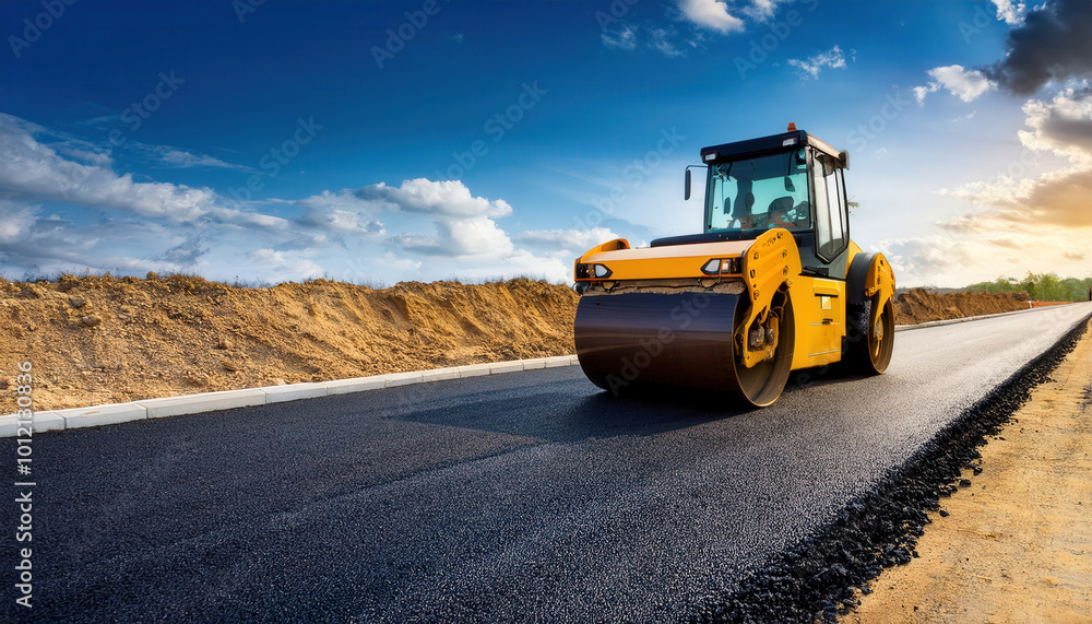 An asphalt roller machine paving a new road with fresh asphalt at a construction site, showcasing the process of roadwork and infrastructure development. An asphalt roller machine paving a new road with fresh asphalt at a construction site, showcasing the process of roadwork and infrastructure development.