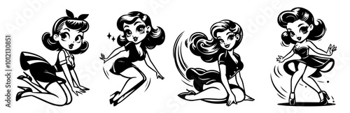 playful pin-up style women with vintage fashion elements black vector