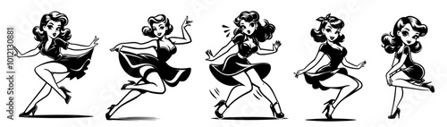 stylized pin-up women posing in retro outfits black vector